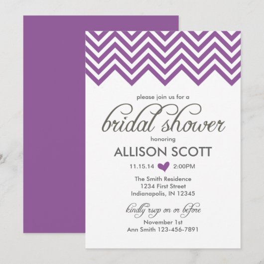 Paarse Chevron Bridal Shower Kaart (Voorkant / Achterkant)