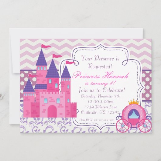 Paarse Chevron en Damask Princess Birthday Party Kaart (Voorkant)
