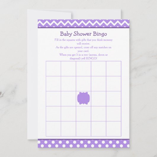 Paarse Chevron en Polka Dot Baby shower Bingo Kaart (Voorkant)