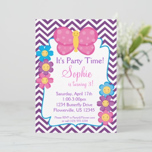 Paarse Chevron en roze Butterfly Birthday Party Kaart (Staand voorkant)