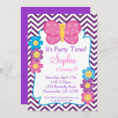 Paarse Chevron en roze Butterfly Birthday Party Kaart (Voorkant / Achterkant)