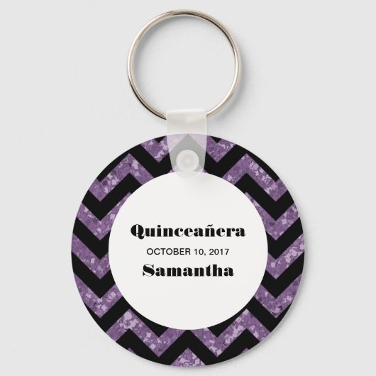 Paarse Chevron Glitter Quinceañera Sleutelhanger (Voorkant)