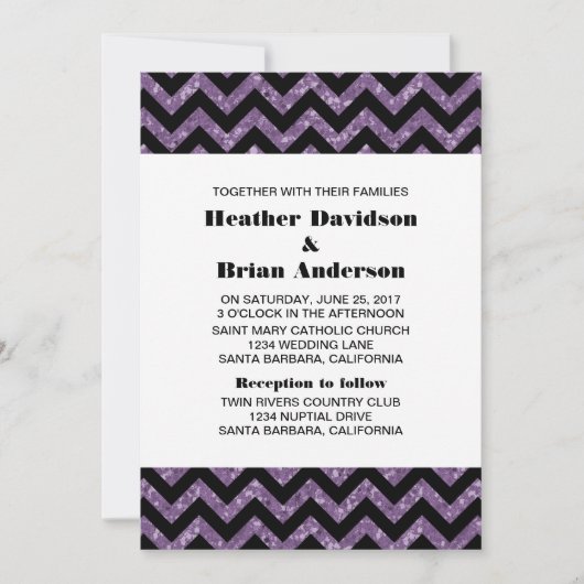 Paarse Chevron Glitter Wedding Invite Kaart (Voorkant)