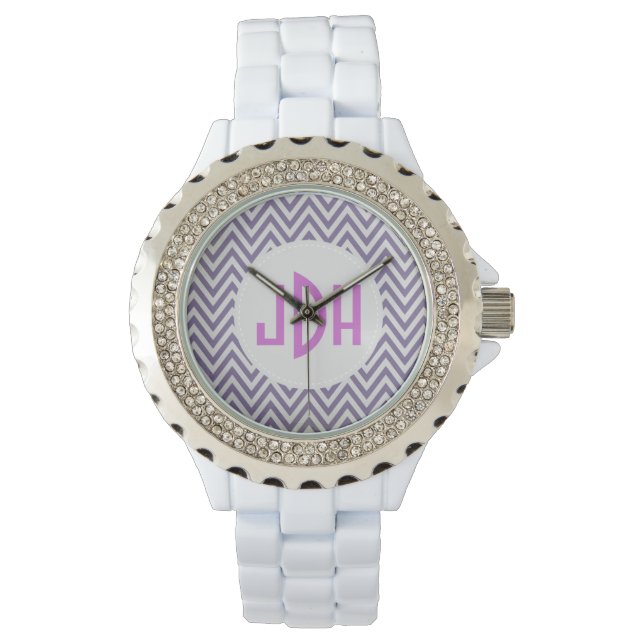 Paarse Chevron Monogram Wit emaille horloge (Voorkant)