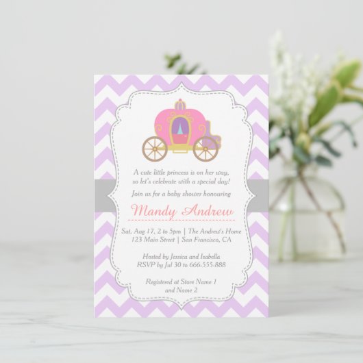 Paarse Chevron Princess Carriage, Girl Baby shower Kaart (Staand voorkant)