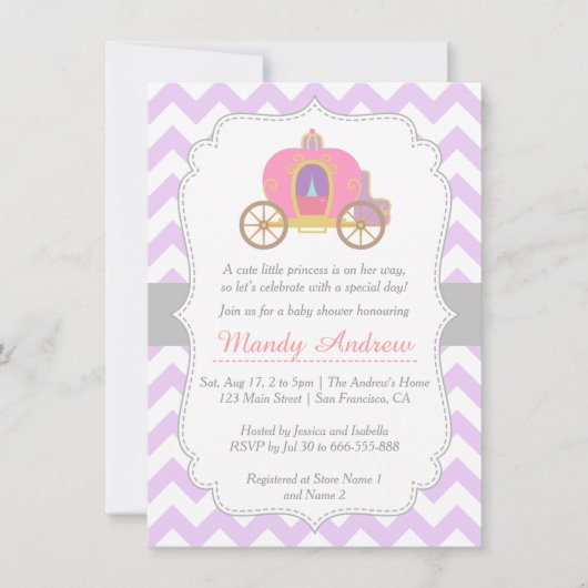 Paarse Chevron Princess Carriage, Girl Baby shower Kaart (Voorkant)