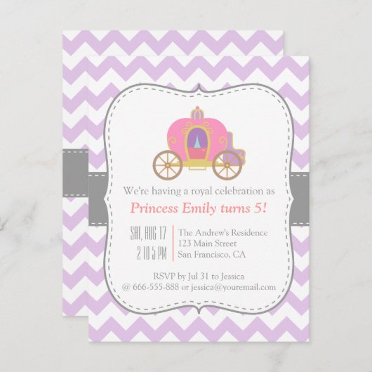 Paarse Chevron, prinses Carriage Birthday Party Kaart (Voorkant / Achterkant)