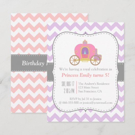 Paarse Chevron, prinses Carriage Birthday Party Kaart (Voorkant / Achterkant)