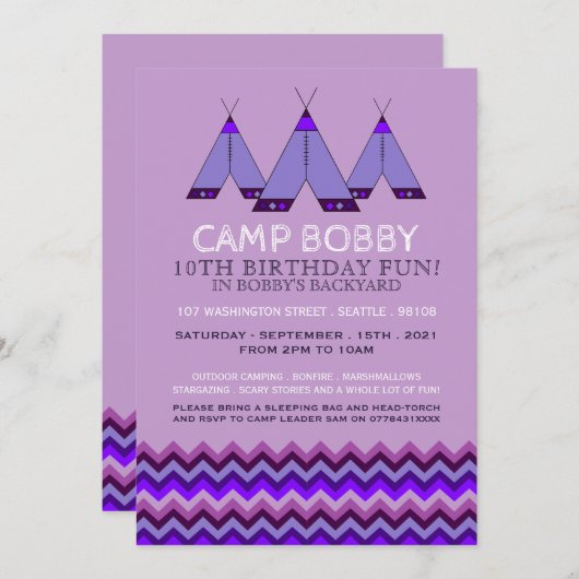 Paarse Chevron Tipi, Camping Birthday Kaart (Voorkant / Achterkant)
