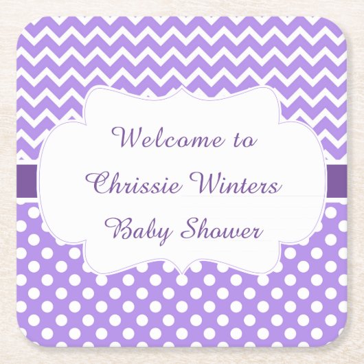 Paarse Chevron & Witte Polka Dots Baby shower Kartonnen Onderzetters (Voorkant)