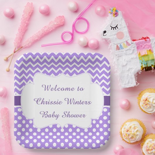 Paarse Chevron & Witte Polka Dots Baby shower Papieren Bordje (Feest)
