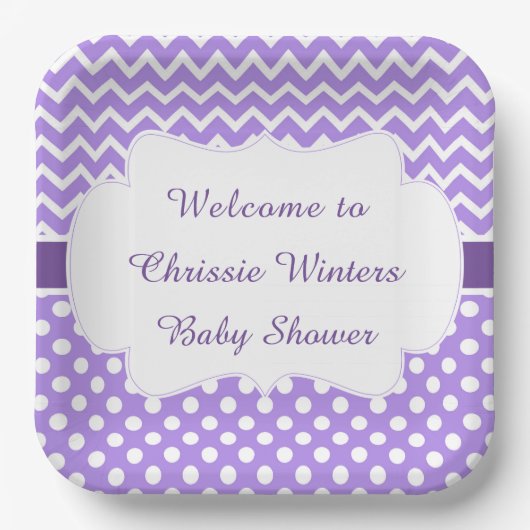 Paarse Chevron & Witte Polka Dots Baby shower Papieren Bordje (Voorkant)