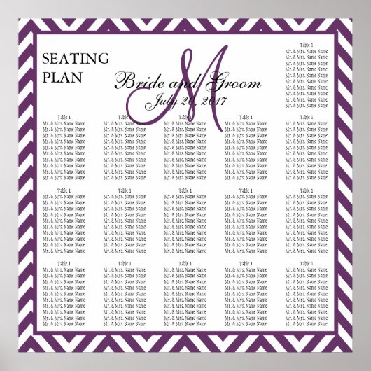 Paarse Chevron Zig Zag Wedding Seating Chart Poster (Voorkant)