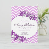 Paarse ChevronModern met bloembloemuitnodiging Kaart (Staand voorkant)