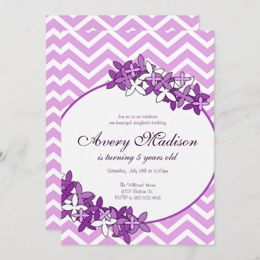 Paarse ChevronModern met bloembloemuitnodiging Kaart (Voorkant / Achterkant)