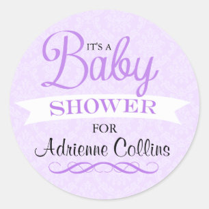 Paarse Chic Damask Baby shower Sticker