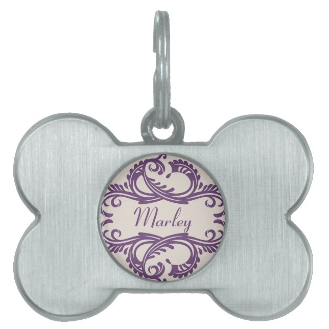 Paarse Chic Damask-tag Huisdieren Naamplaatje (voorkant)