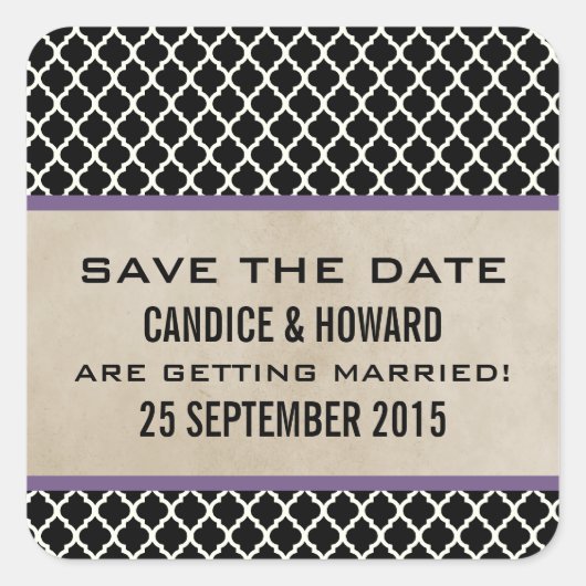 Paarse Chic Quatrefoil Save the Date Stickers (Voorkant)