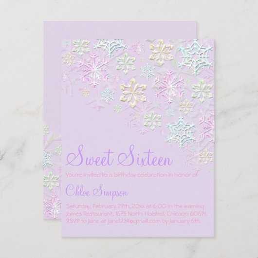 Paarse Chic Snowflake Sweet16 Uitnodiging (Voorkant / Achterkant)