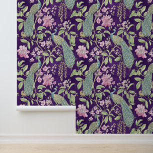 Paarse Chinoiserie pauw bloemschil en stok Behang