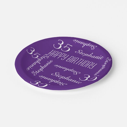 Paarse chique 35e verjaardagsfeestje met herhalend papieren bordje (Gekanteld)