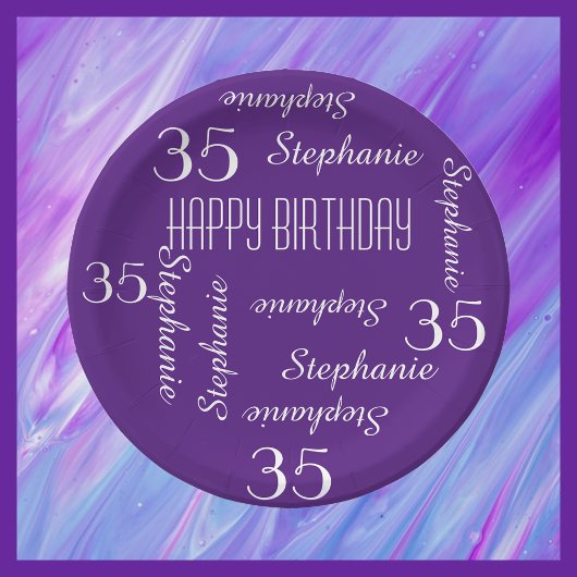 Paarse chique 35e verjaardagsfeestje met herhalend papieren bordje