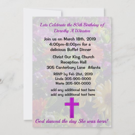 PAARSE CHRISTELIJKE 85E VERJAARDAG UITNODIGING (Achterkant)