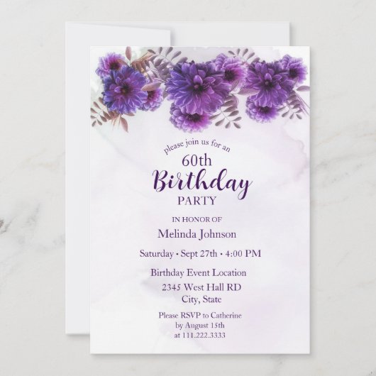 Paarse chrysanten 60ste verjaardag kaart (Voorkant)