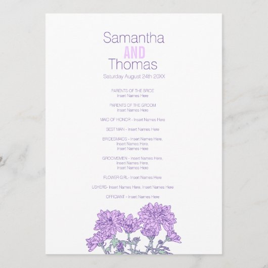 Paarse chrysanthemum-rackkaart programmakaart (Voorkant)