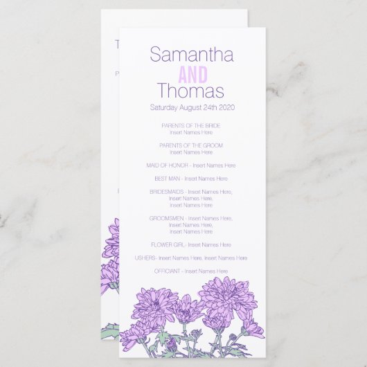 Paarse chrysanthemum-rackkaart programmakaart (Voorkant / Achterkant)