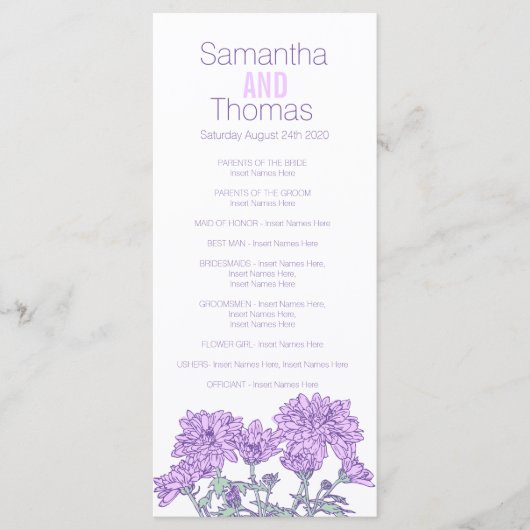 Paarse chrysanthemum-rackkaart programmakaart (Voorkant)