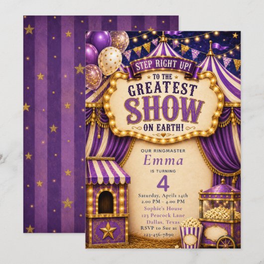 Paarse Circus Feest Kaart (Voorkant / Achterkant)