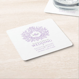 Paarse cirkel met bladtekenmonogram bruiloft kartonnen onderzetters