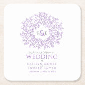 Paarse cirkel met bladtekenmonogram bruiloft kartonnen onderzetters (Voorkant)