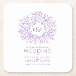 Paarse cirkel met bladtekenmonogram bruiloft kartonnen onderzetters