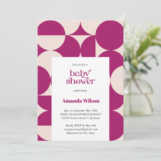 Paarse cirkel scallop midden eeuw Baby shower Kaart (Staand voorkant)