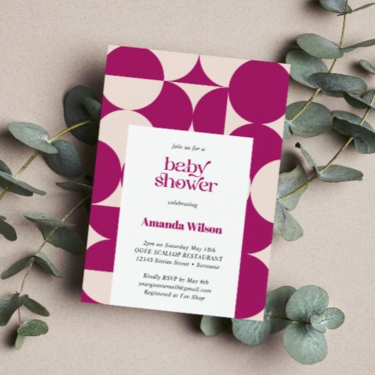 Paarse cirkel scallop midden eeuw Baby shower Kaart