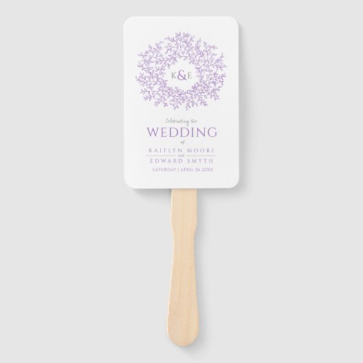 Paarse cirkel van bladeren monogram bruiloft progr handwaaier (Voorkant)