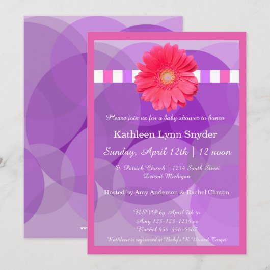 Paarse cirkels met roze Daisy-Baby shower uitnodig Kaart (Voorkant / Achterkant)