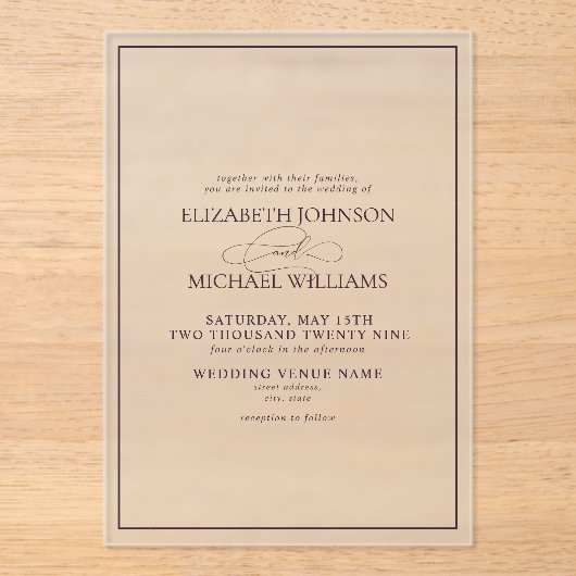 Paarse Classic Script Wedding Acryl Uitnodigingen (Voorkant)