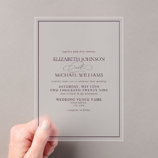 Paarse Classic Script Wedding Acryl Uitnodigingen (Insitu (Draagbaar))