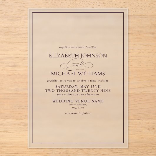 Paarse Classic Script Wedding Acryl Uitnodigingen (Voorkant)