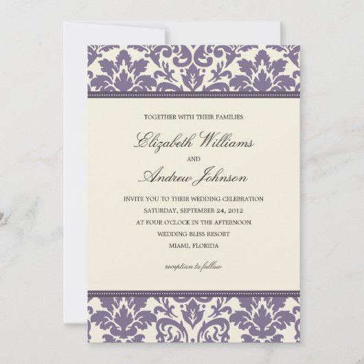 PAARSE CLASSY DAMASK | AFBEELDINGSINVITATIE KAART (Voorkant)