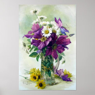 Paarse Clematis en White Daisies Print