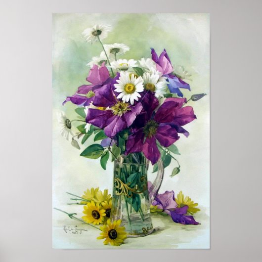 Paarse Clematis en White Daisies Print (Voorkant)