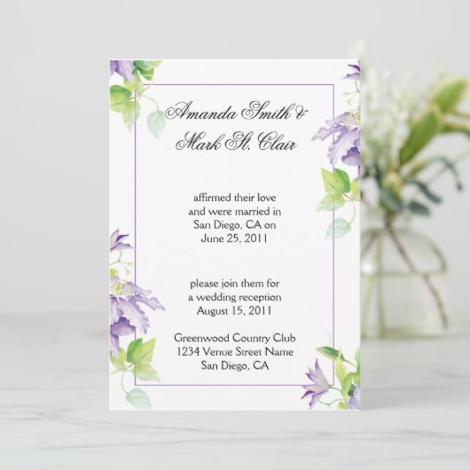 Paarse Clematis Post Wedding Reception nodigt uit Kaart (Staand voorkant)