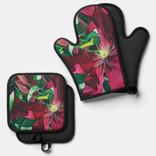 Paarse Clematis schilderij Ovenwant & Pannenlap Set (Voorkant / Achterkant)