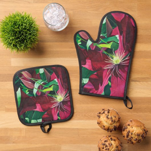 Paarse Clematis schilderij Ovenwant & Pannenlap Set (Top down)