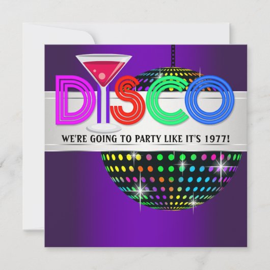 Paarse Cocktail Disco Feest Uitnodigingen (Voorkant)