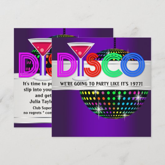 Paarse Cocktail Disco Party Uitnodigingen (Voorkant / Achterkant)